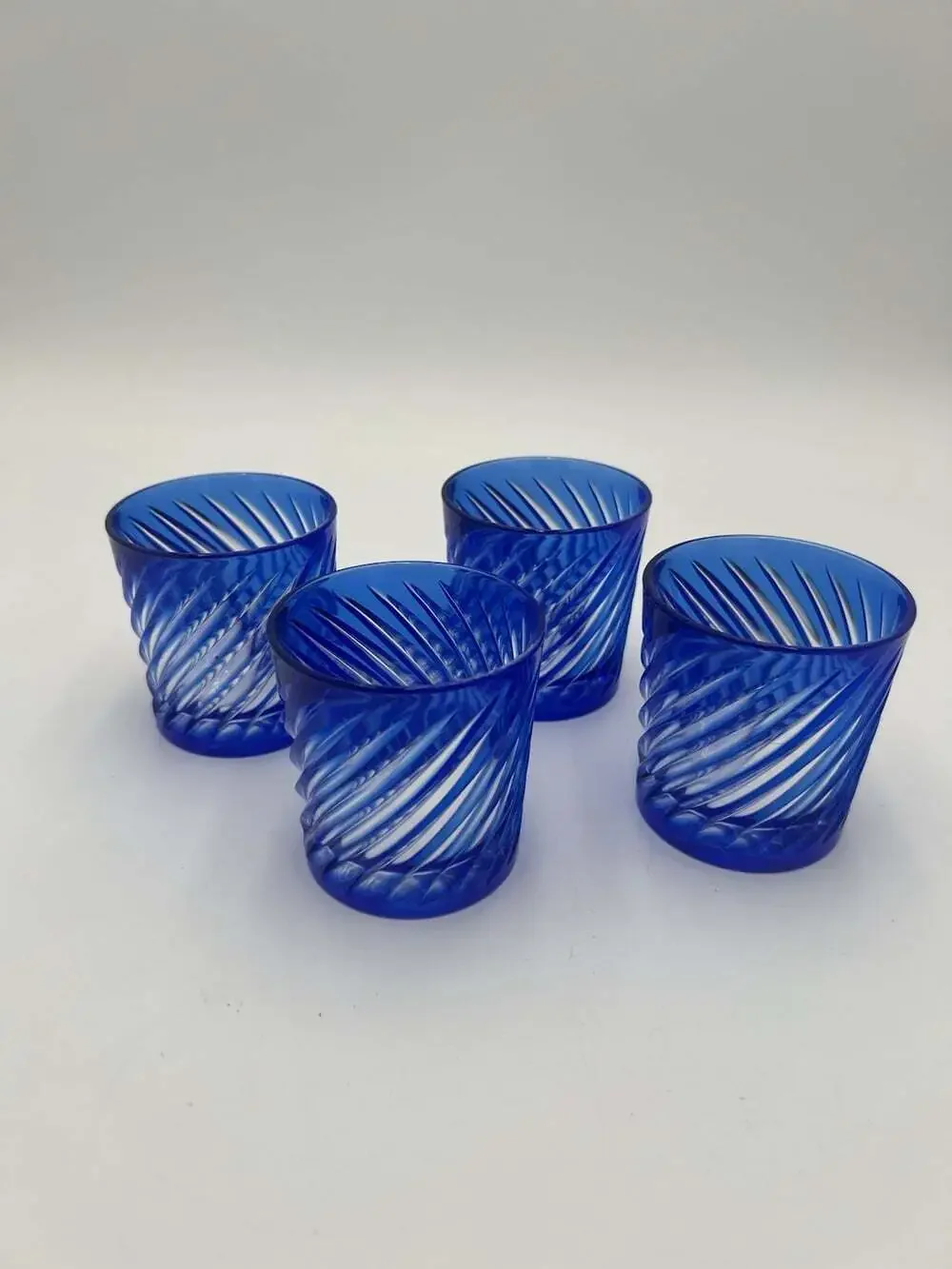 Vintage Cobalt Blue Cut to Clear Double Old Fashioned Glasses Swirl Set of 4